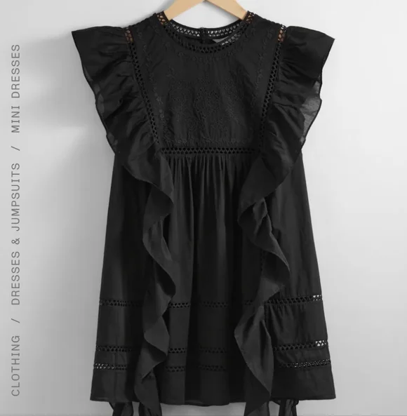 &Other Stories Embroidered Ruffle Mini Dress Black Size 4 Cotton - Picture 2 of 10